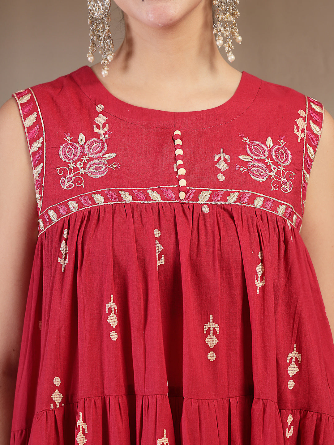 Cotton Calf Length Printed Sleeveless Round Neck Flared Kurta Suit Set With Dupatta