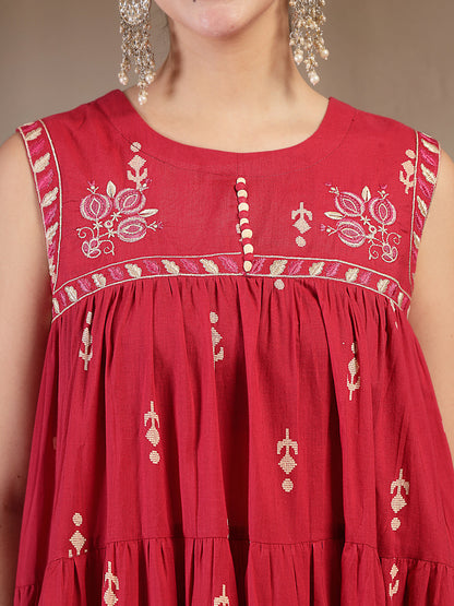 Cotton Calf Length Printed Sleeveless Round Neck Flared Kurta Suit Set With Dupatta