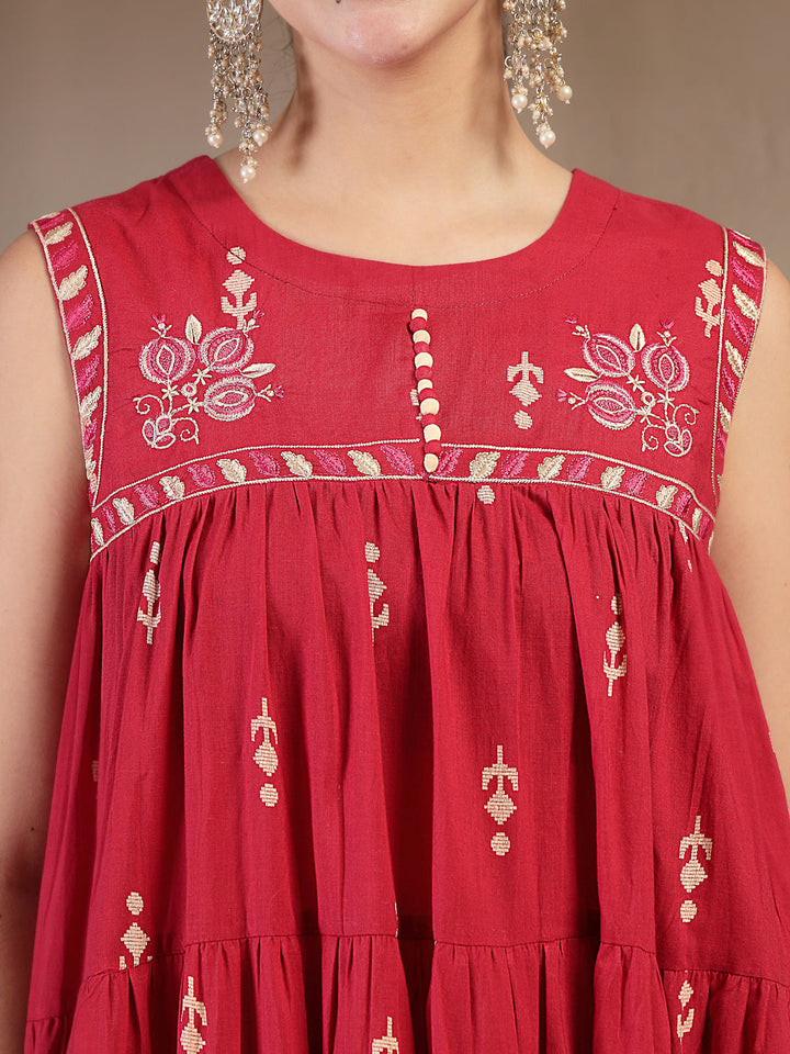 Cotton Calf Length Printed Sleeveless Round Neck Flared Kurta Suit Set With Dupatta