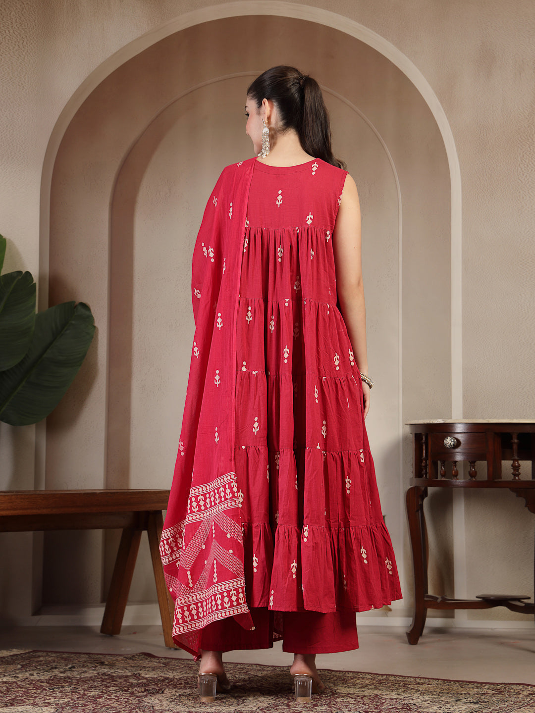 Cotton Calf Length Printed Sleeveless Round Neck Flared Kurta Suit Set With Dupatta