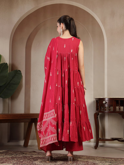 Cotton Calf Length Printed Sleeveless Round Neck Flared Kurta Suit Set With Dupatta