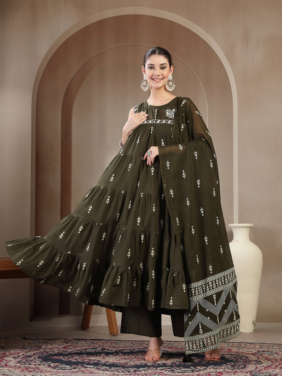 Cotton Calf Length Printed Sleeveless Round Neck Flared Kurta Suit Set With Dupatta