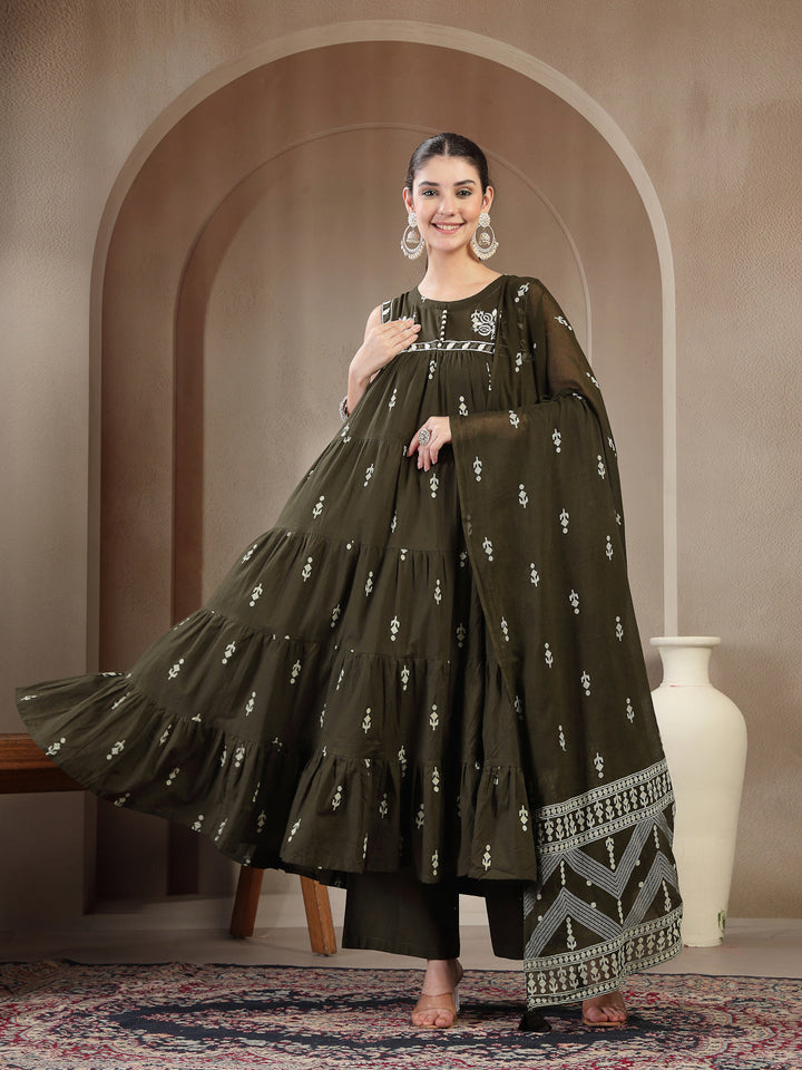 Cotton Calf Length Printed Sleeveless Round Neck Flared Kurta Suit Set With Dupatta