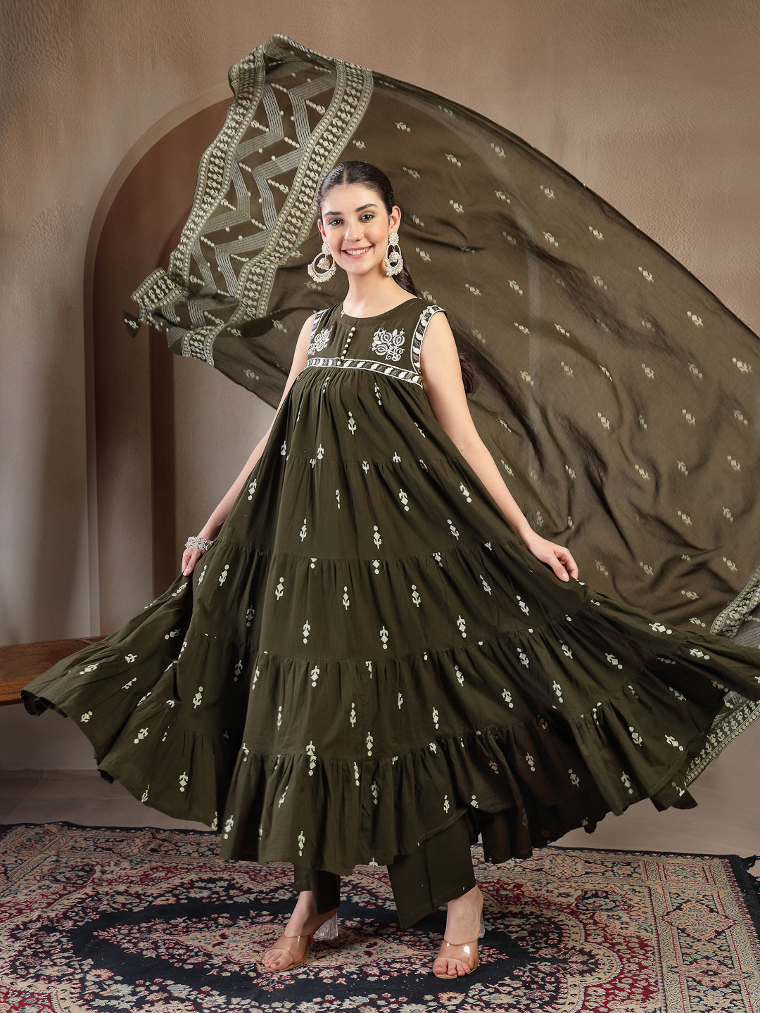 Cotton Calf Length Printed Sleeveless Round Neck Flared Kurta Suit Set With Dupatta