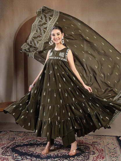 Cotton Calf Length Printed Sleeveless Round Neck Flared Kurta Suit Set With Dupatta