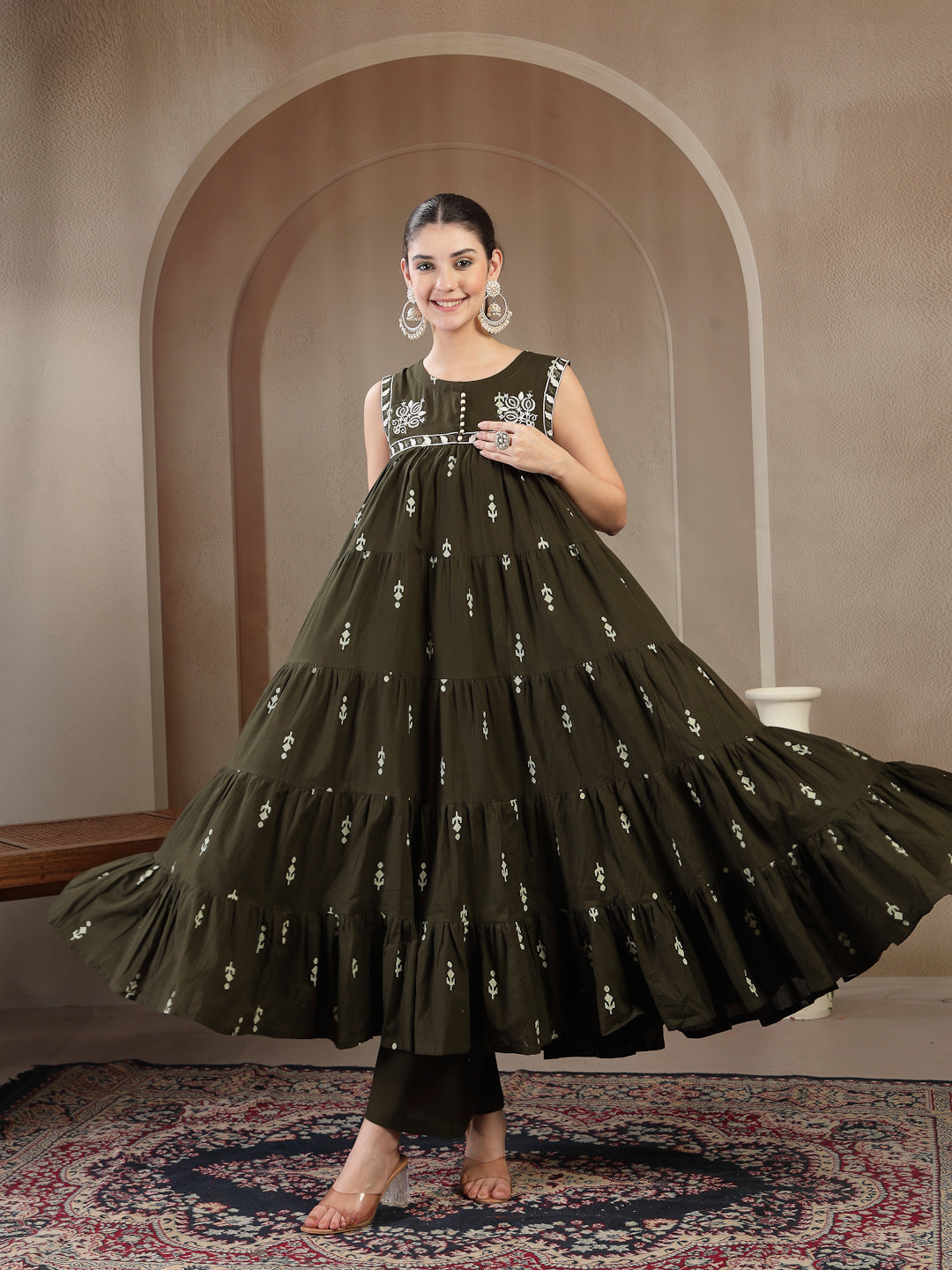 Cotton Calf Length Printed Sleeveless Round Neck Flared Kurta Suit Set With Dupatta