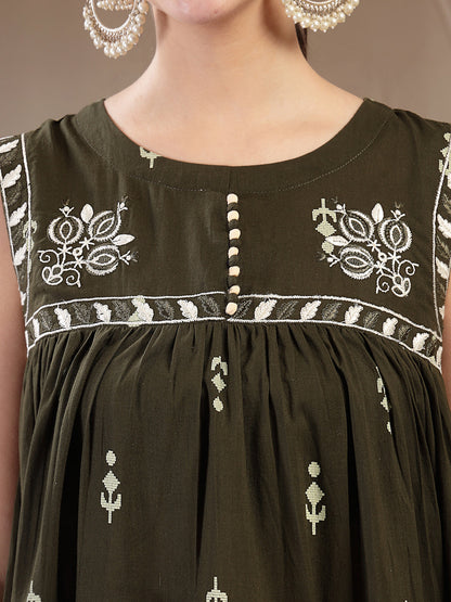 Cotton Calf Length Printed Sleeveless Round Neck Flared Kurta Suit Set With Dupatta