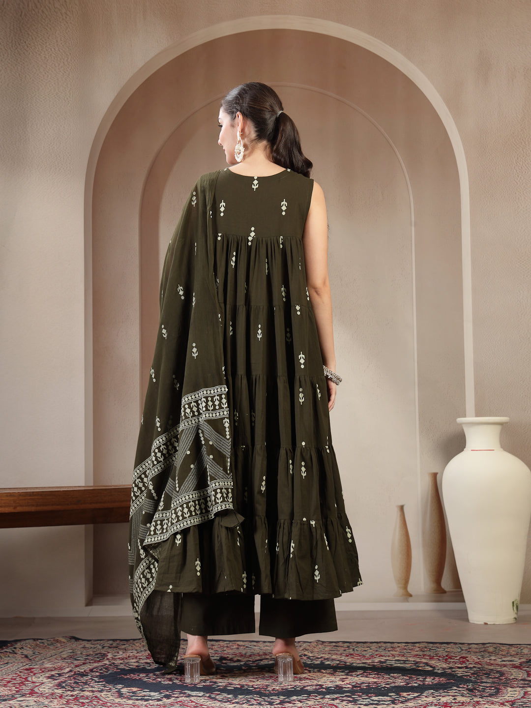 Cotton Calf Length Printed Sleeveless Round Neck Flared Kurta Suit Set With Dupatta