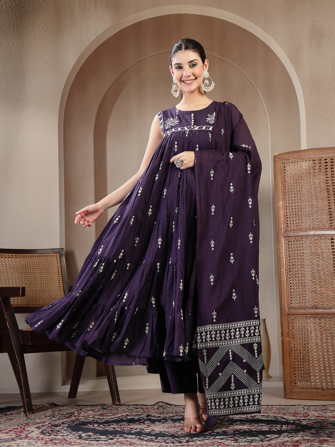Cotton Calf Length Printed Sleeveless Round Neck Flared Kurta Suit Set With Dupatta (Pre-Order)