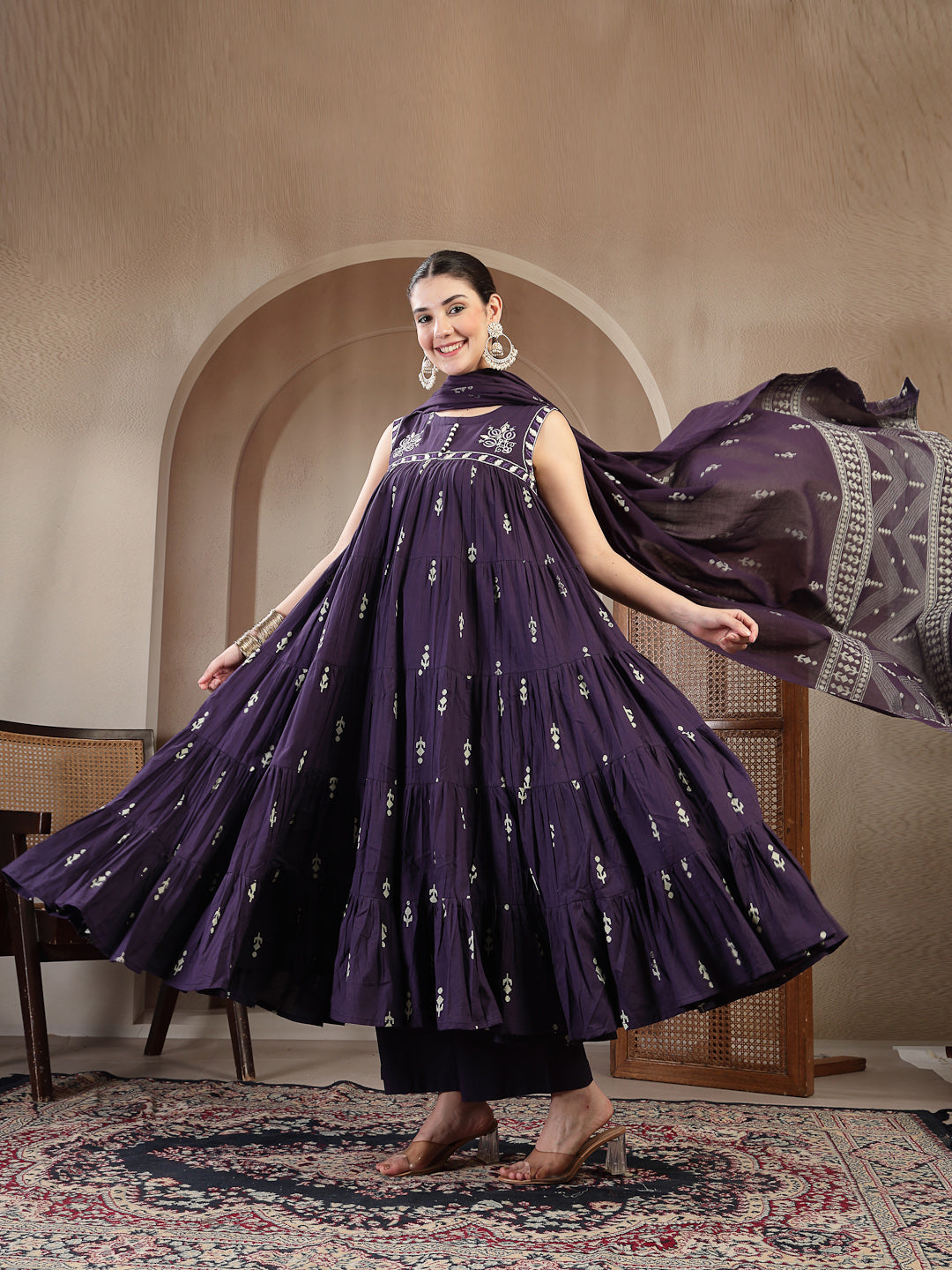 Cotton Calf Length Printed Sleeveless Round Neck Flared Kurta Suit Set With Dupatta