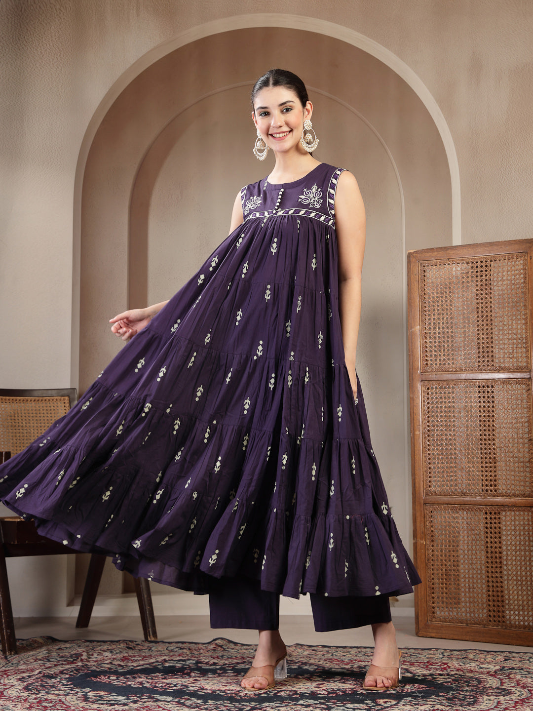 Cotton Calf Length Printed Sleeveless Round Neck Flared Kurta Suit Set With Dupatta