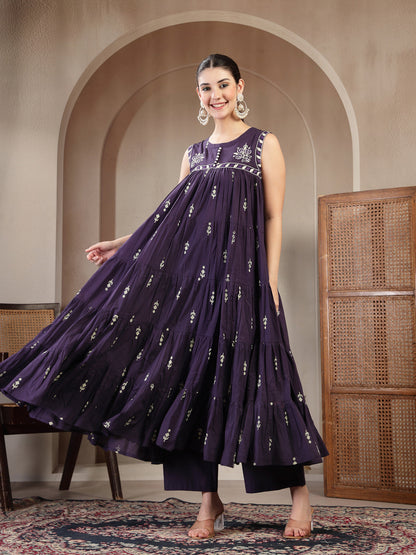 Cotton Calf Length Printed Sleeveless Round Neck Flared Kurta Suit Set With Dupatta