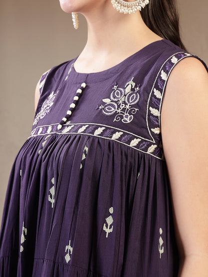 Cotton Calf Length Printed Sleeveless Round Neck Flared Kurta Suit Set With Dupatta