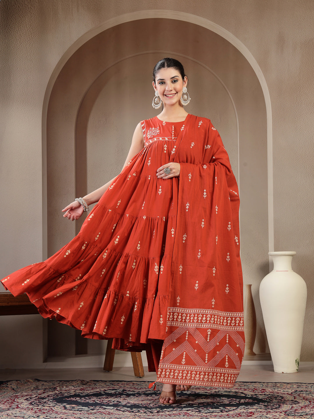 Cotton Calf Length Printed Sleeveless Round Neck Flared Kurta Suit Set With Dupatta