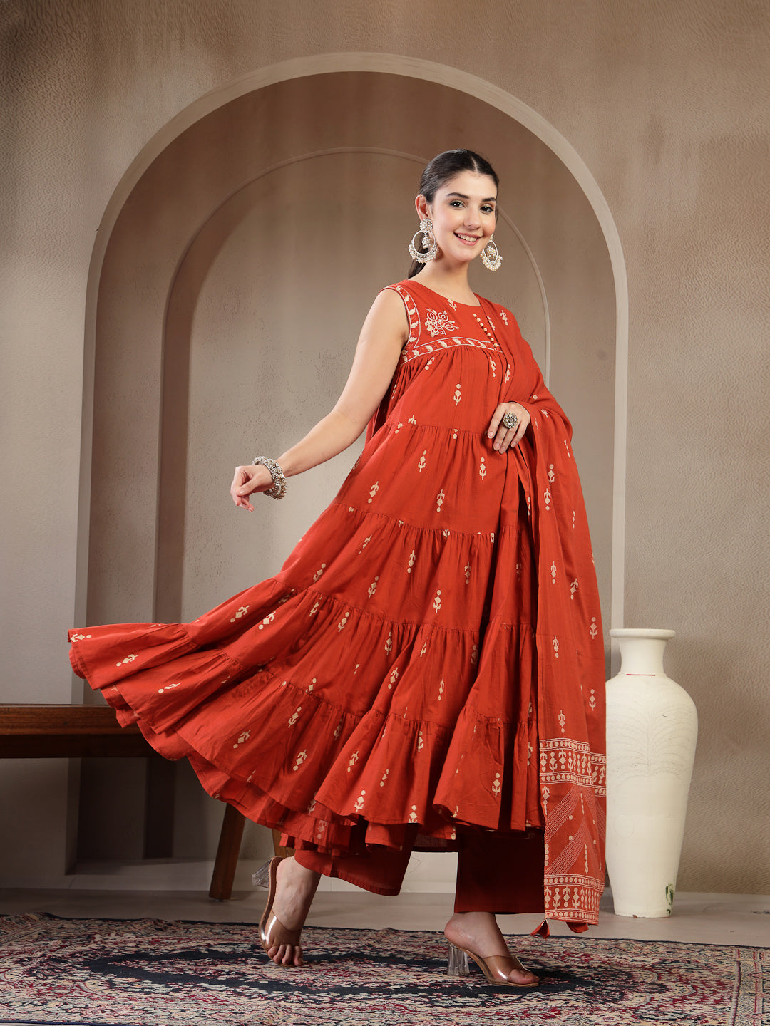 Cotton Calf Length Printed Sleeveless Round Neck Flared Kurta Suit Set With Dupatta