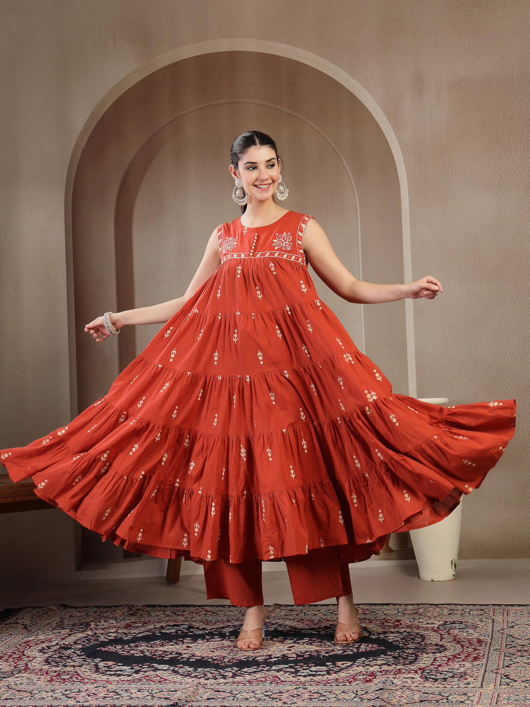 Cotton Calf Length Printed Sleeveless Round Neck Flared Kurta Suit Set With Dupatta (Pre-Order)