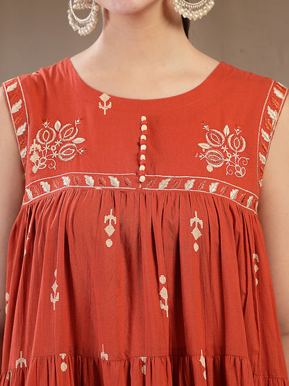 Cotton Calf Length Printed Sleeveless Round Neck Flared Kurta Suit Set With Dupatta