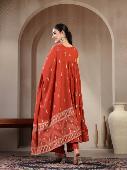 Cotton Calf Length Printed Sleeveless Round Neck Flared Kurta Suit Set With Dupatta