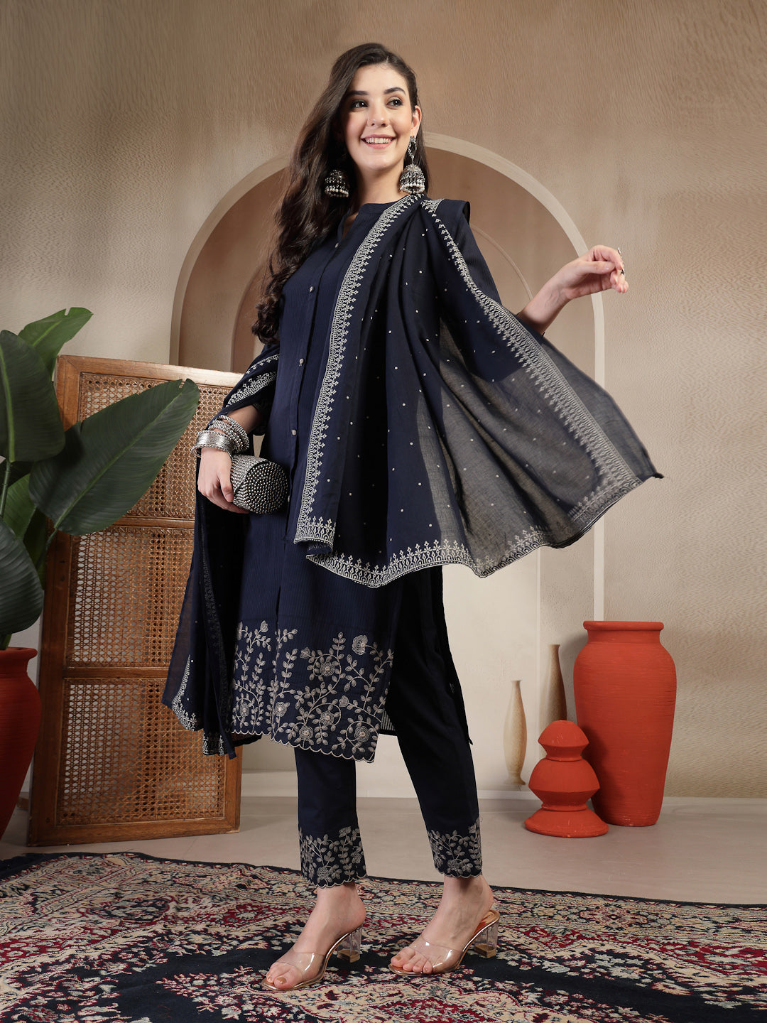 Cotton Calf Length Solid 3/4 Sleeve Mandarin Collar Straight Kurta Suit Set With Dupatta (Pre-Order)