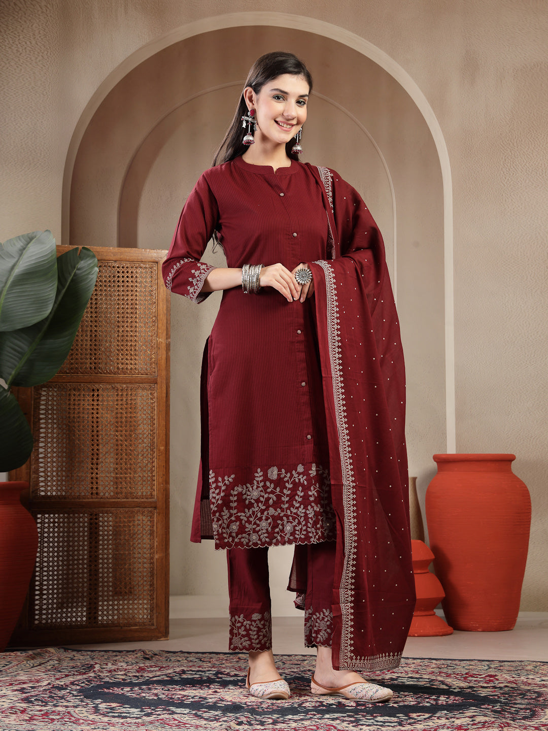 Cotton Calf Length Solid 3/4 Sleeve Mandarin Collar Straight Kurta Suit Set With Dupatta