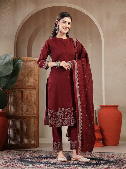 Cotton Calf Length Solid 3/4 Sleeve Mandarin Collar Straight Kurta Suit Set With Dupatta