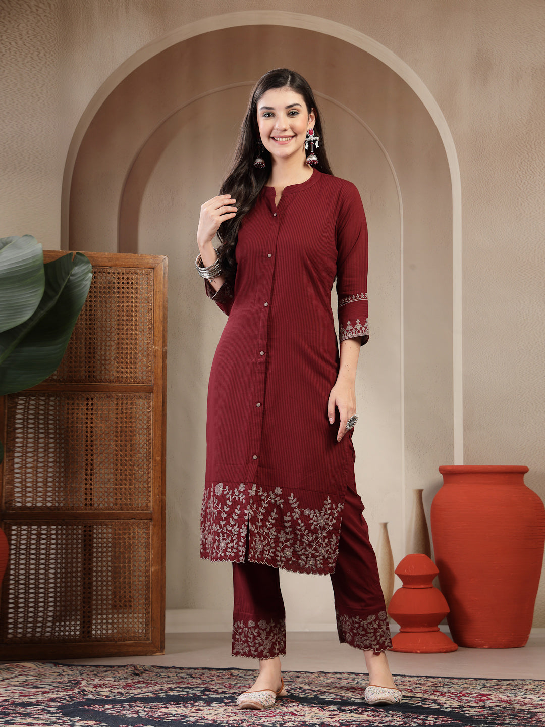 Cotton Calf Length Solid 3/4 Sleeve Mandarin Collar Straight Kurta Suit Set With Dupatta