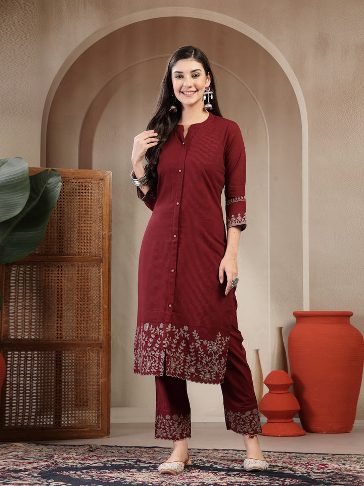 Cotton Calf Length Solid 3/4 Sleeve Mandarin Collar Straight Kurta Suit Set With Dupatta