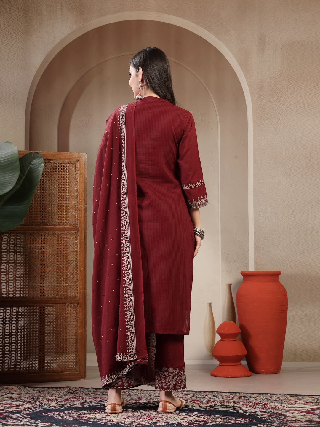 Cotton Calf Length Solid 3/4 Sleeve Mandarin Collar Straight Kurta Suit Set With Dupatta