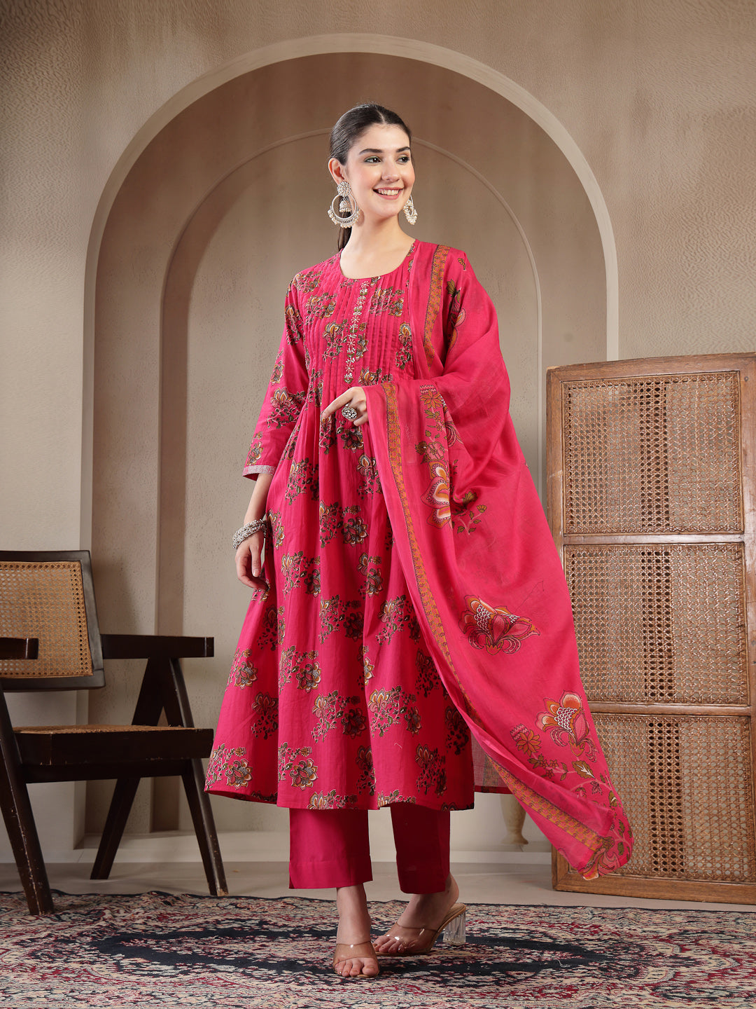 Cotton Calf Length Printed 3/4 Sleeve Round Neck A Line Kurta Suit Set With Dupatta