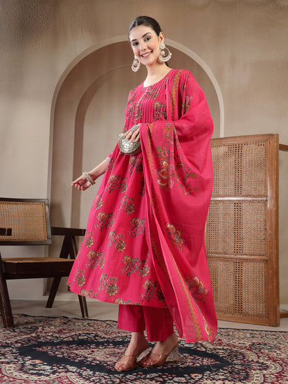 Cotton Calf Length Printed 3/4 Sleeve Round Neck A Line Kurta Suit Set With Dupatta