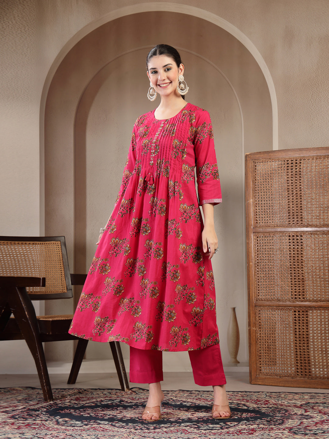 Cotton Calf Length Printed 3/4 Sleeve Round Neck A Line Kurta Suit Set With Dupatta
