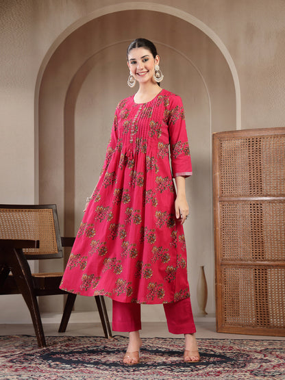 Cotton Calf Length Printed 3/4 Sleeve Round Neck A Line Kurta Suit Set With Dupatta