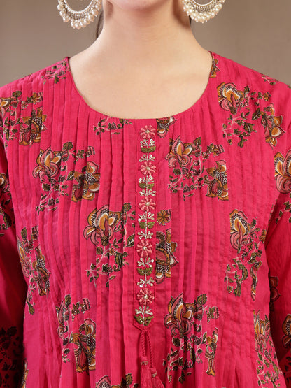 Cotton Calf Length Printed 3/4 Sleeve Round Neck A Line Kurta Suit Set With Dupatta