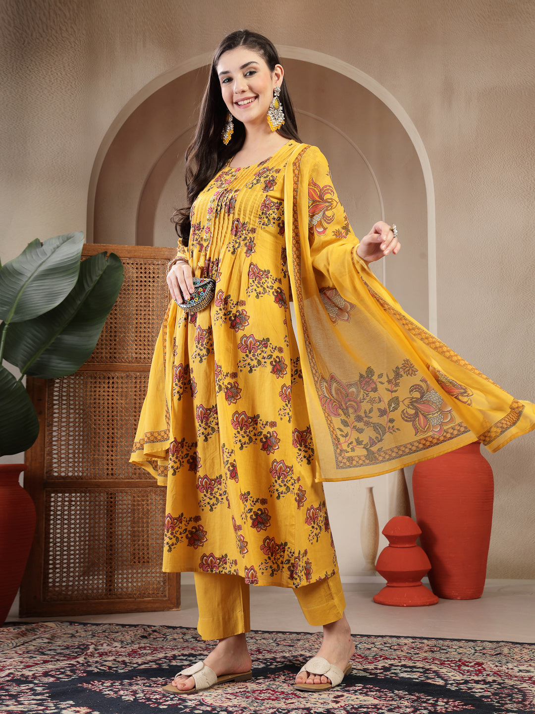 Cotton Calf Length Printed 3/4 Sleeve Round Neck A Line Kurta Suit Set With Dupatta