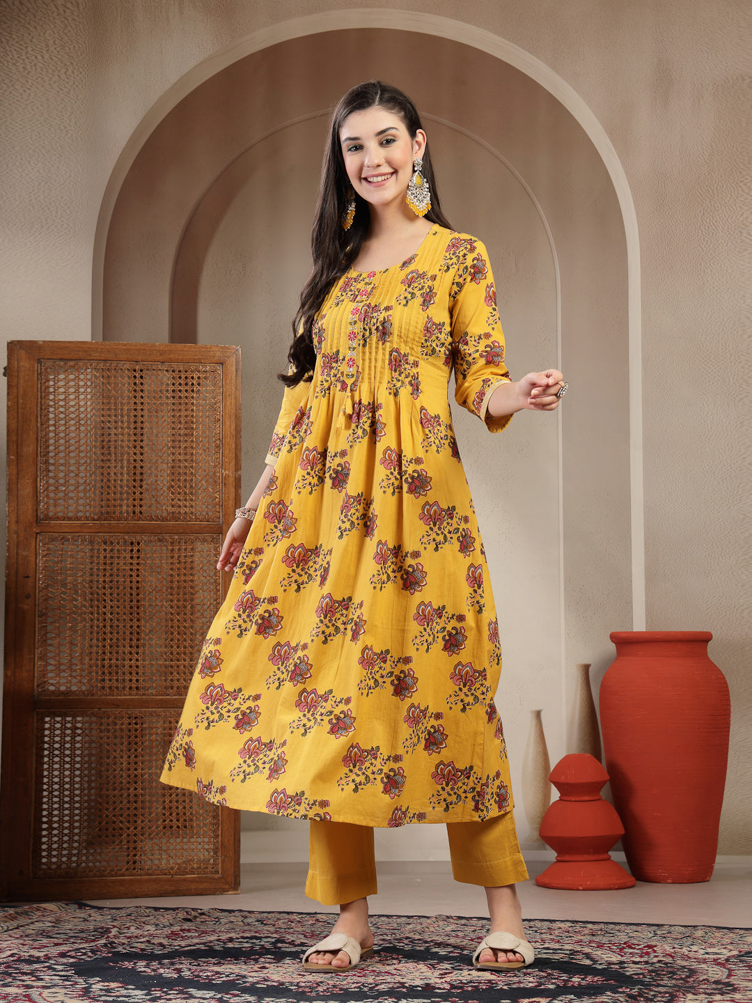 Cotton Calf Length Printed 3/4 Sleeve Round Neck A Line Kurta Suit Set With Dupatta (Pre-Order)
