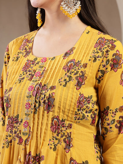 Cotton Calf Length Printed 3/4 Sleeve Round Neck A Line Kurta Suit Set With Dupatta