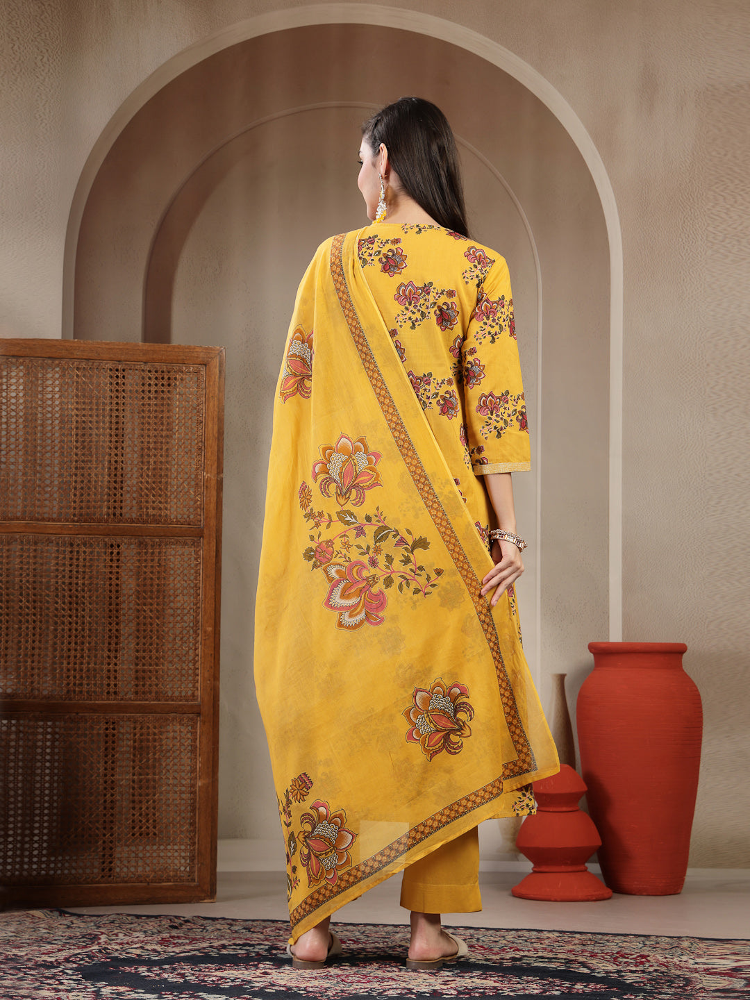 Cotton Calf Length Printed 3/4 Sleeve Round Neck A Line Kurta Suit Set With Dupatta