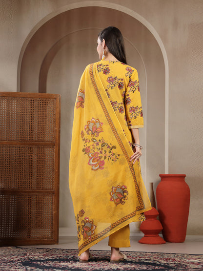 Cotton Calf Length Printed 3/4 Sleeve Round Neck A Line Kurta Suit Set With Dupatta