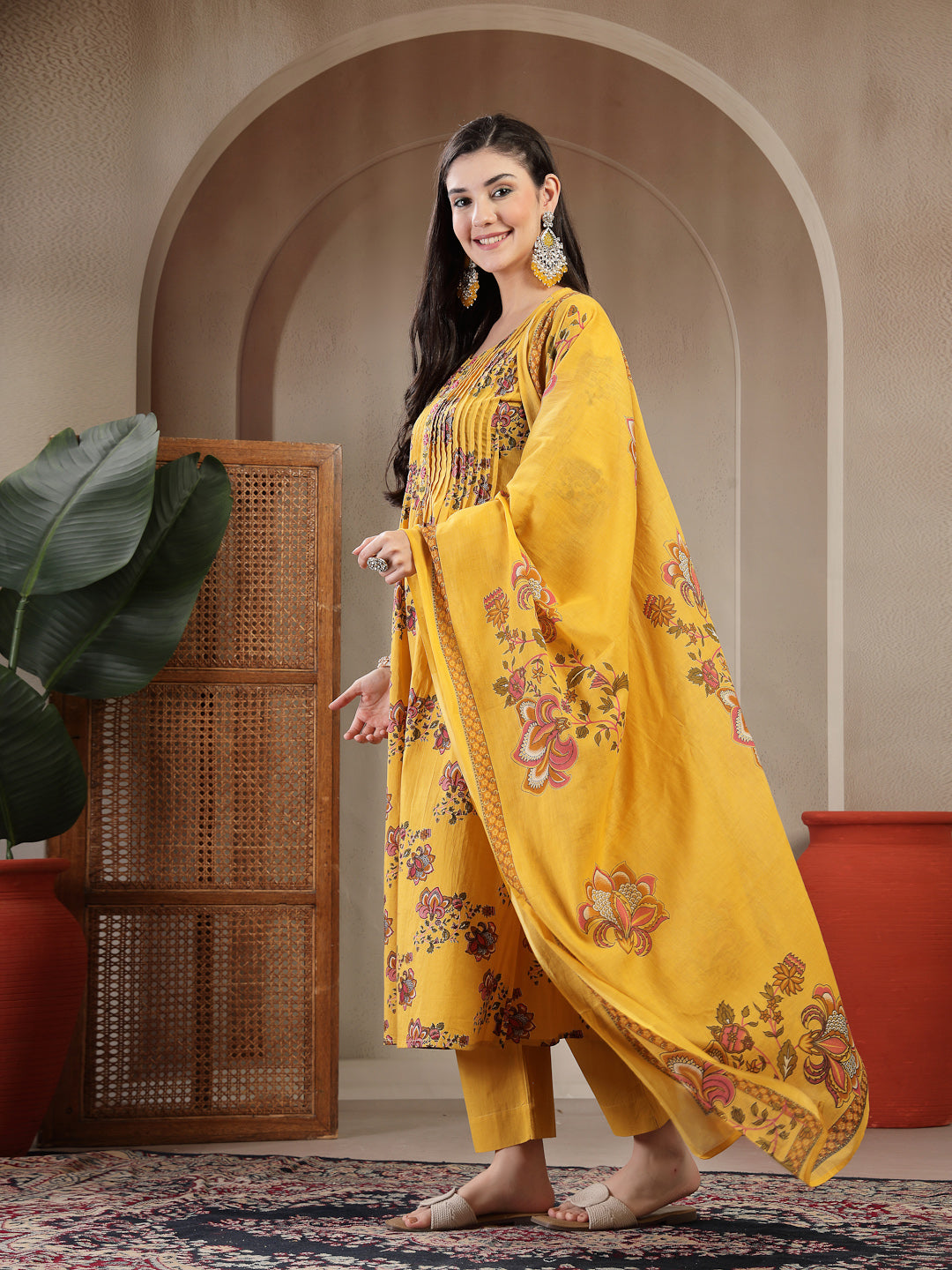 Cotton Calf Length Printed 3/4 Sleeve Round Neck A Line Kurta Suit Set With Dupatta