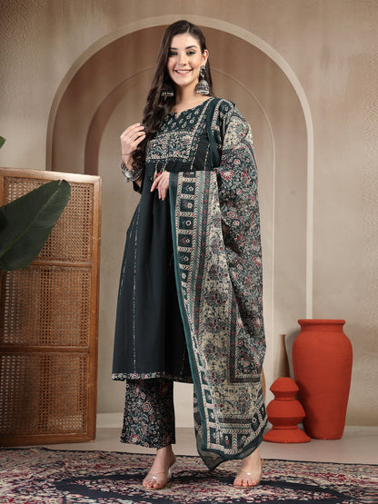 Cotton Calf Length Solid 3/4 Sleeve Round Neck Straight Kurta Suit Set With Dupatta