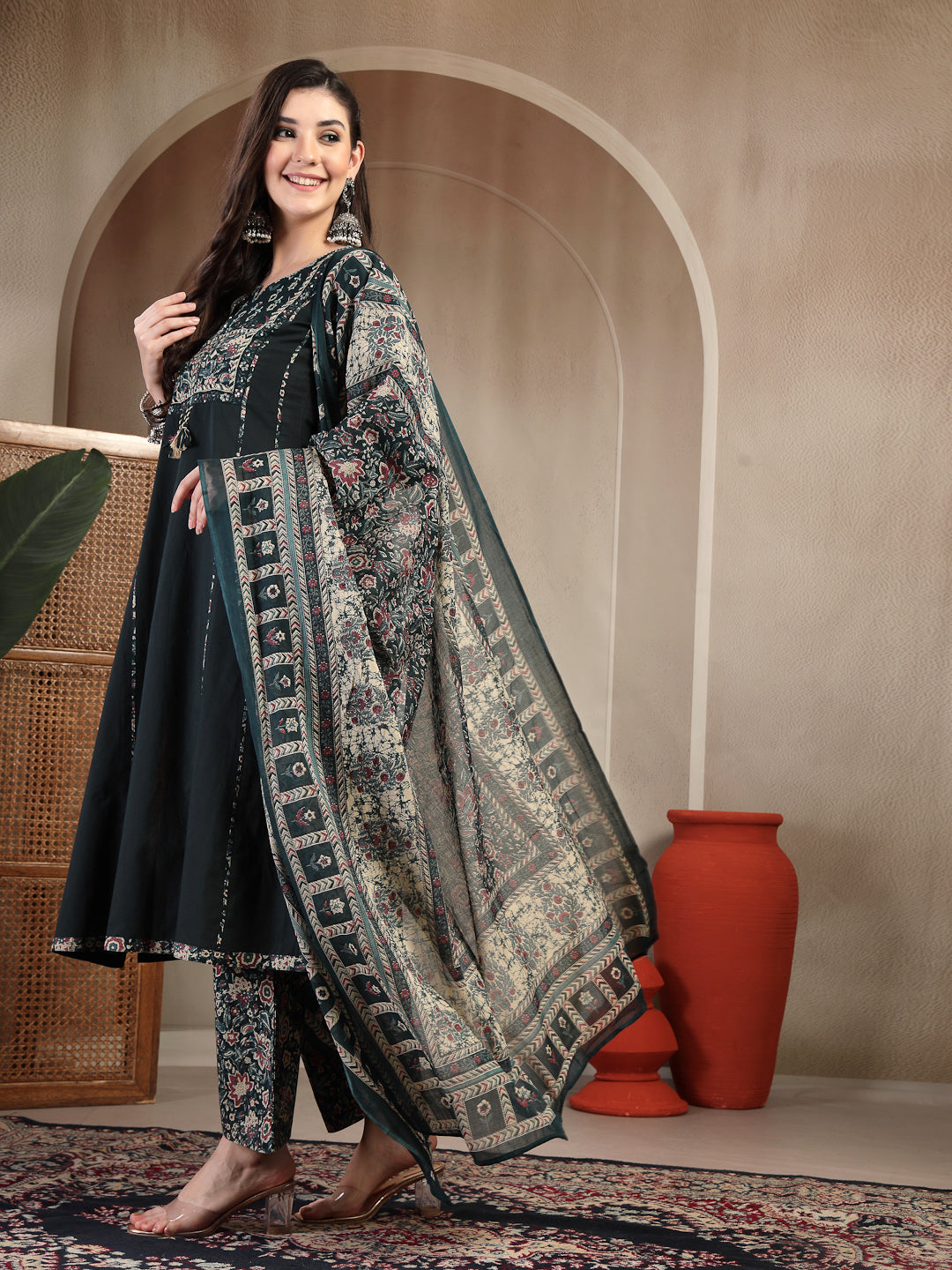 Cotton Calf Length Solid 3/4 Sleeve Round Neck Straight Kurta Suit Set With Dupatta