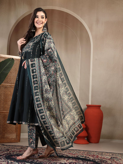 Cotton Calf Length Solid 3/4 Sleeve Round Neck Straight Kurta Suit Set With Dupatta