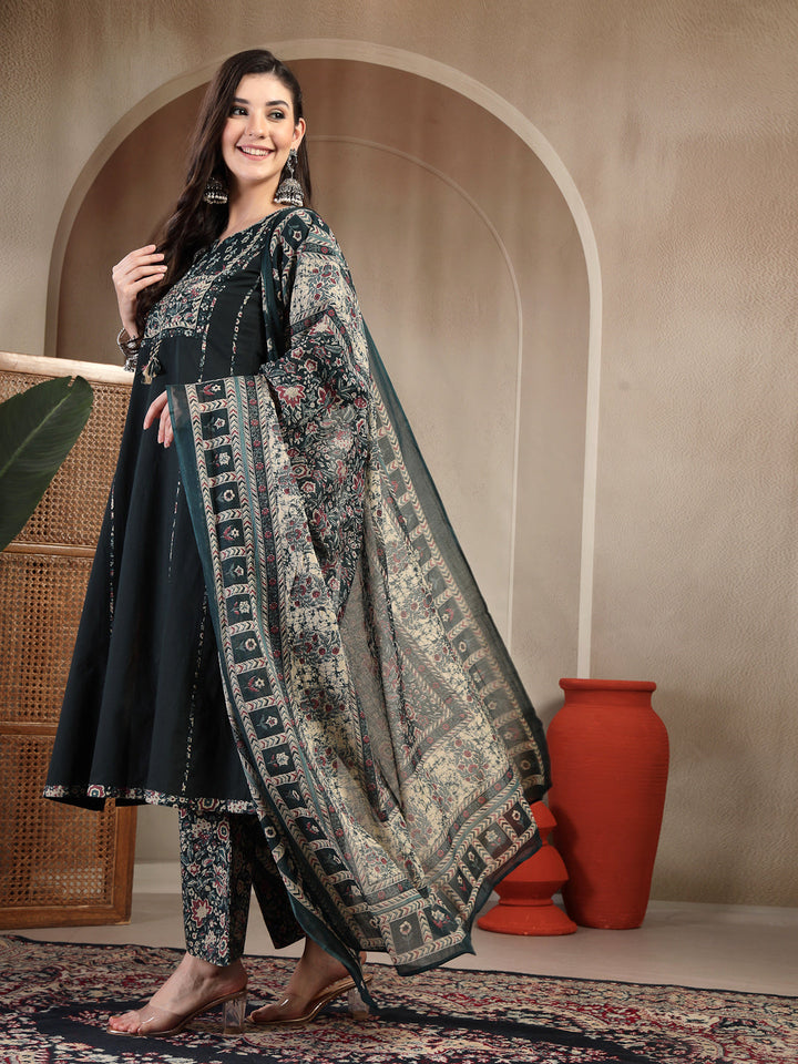 Cotton Calf Length Solid 3/4 Sleeve Round Neck Straight Kurta Suit Set With Dupatta
