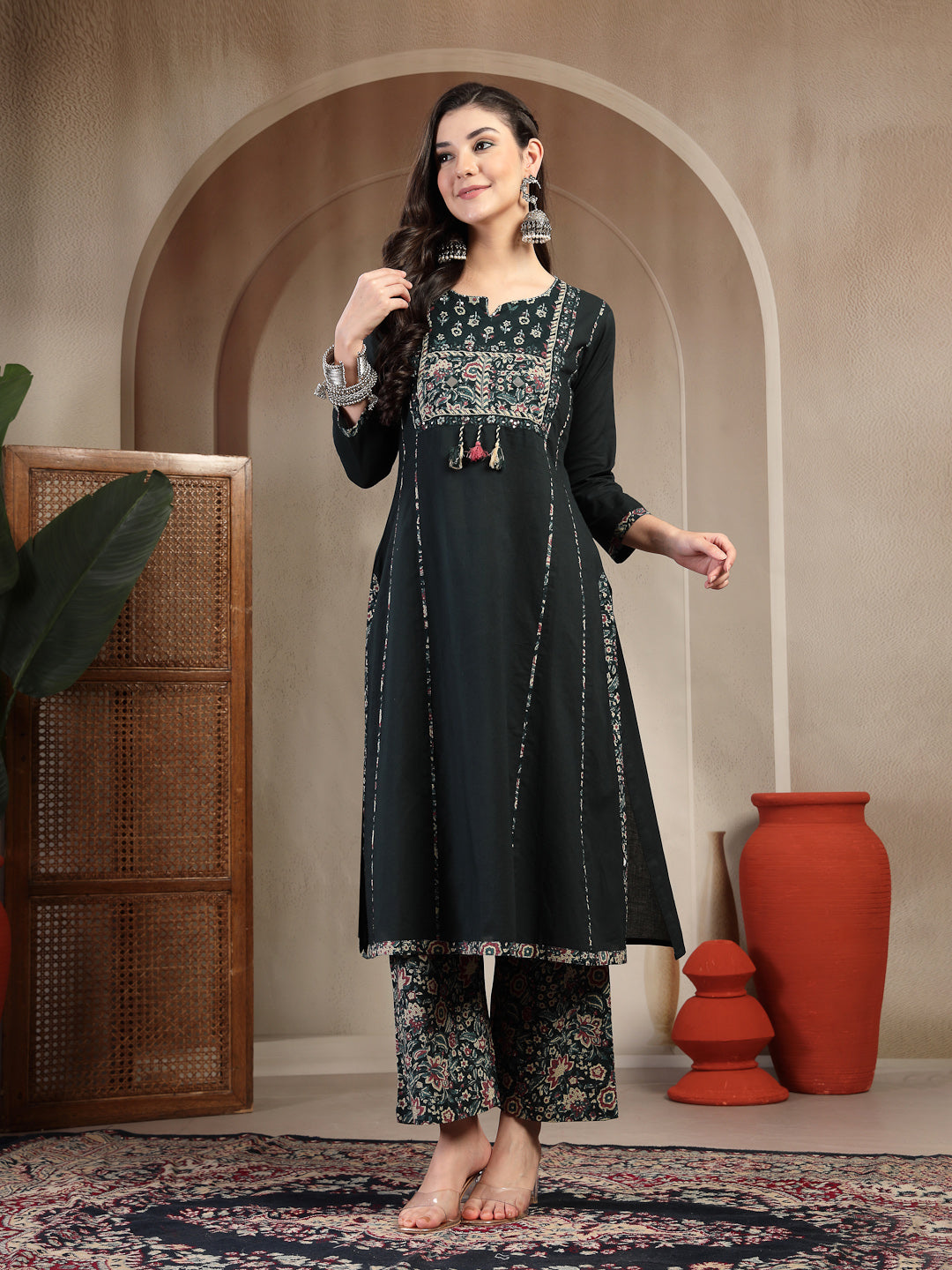 Cotton Calf Length Solid 3/4 Sleeve Round Neck Straight Kurta Suit Set With Dupatta