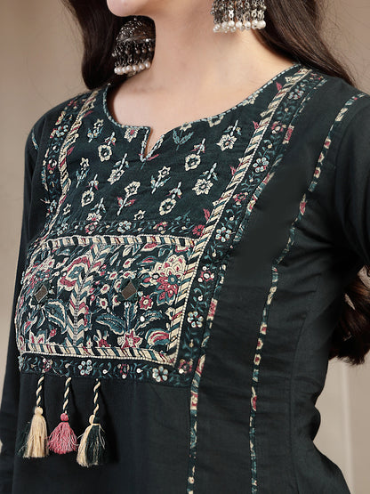 Cotton Calf Length Solid 3/4 Sleeve Round Neck Straight Kurta Suit Set With Dupatta