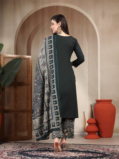 Cotton Calf Length Solid 3/4 Sleeve Round Neck Straight Kurta Suit Set With Dupatta