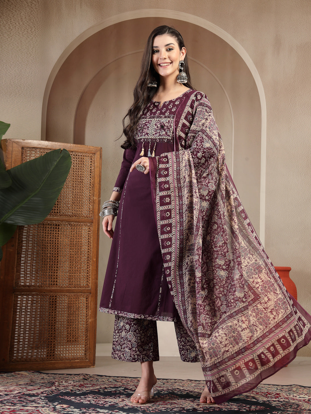 Cotton Calf Length Solid 3/4 Sleeve Round Neck Straight Kurta Suit Set With Dupatta