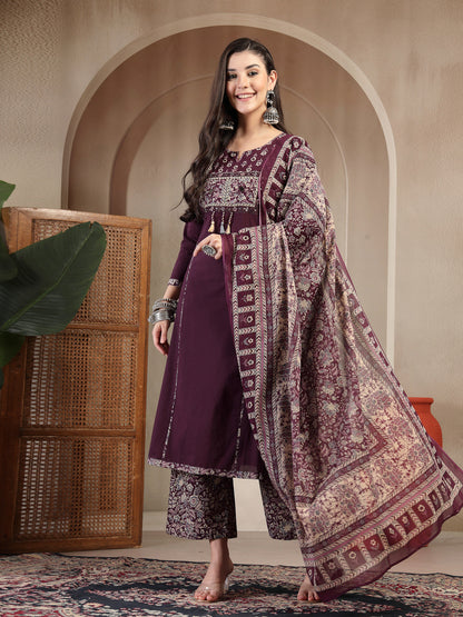 Cotton Calf Length Solid 3/4 Sleeve Round Neck Straight Kurta Suit Set With Dupatta