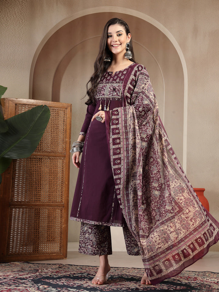 Cotton Calf Length Solid 3/4 Sleeve Round Neck Straight Kurta Suit Set With Dupatta