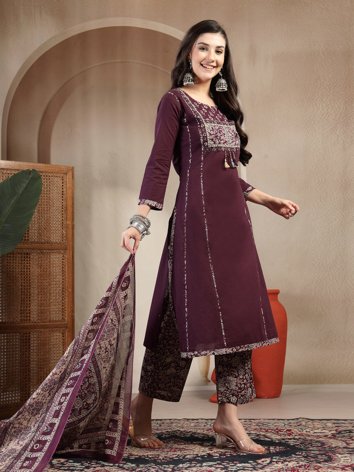 Cotton Calf Length Solid 3/4 Sleeve Round Neck Straight Kurta Suit Set With Dupatta